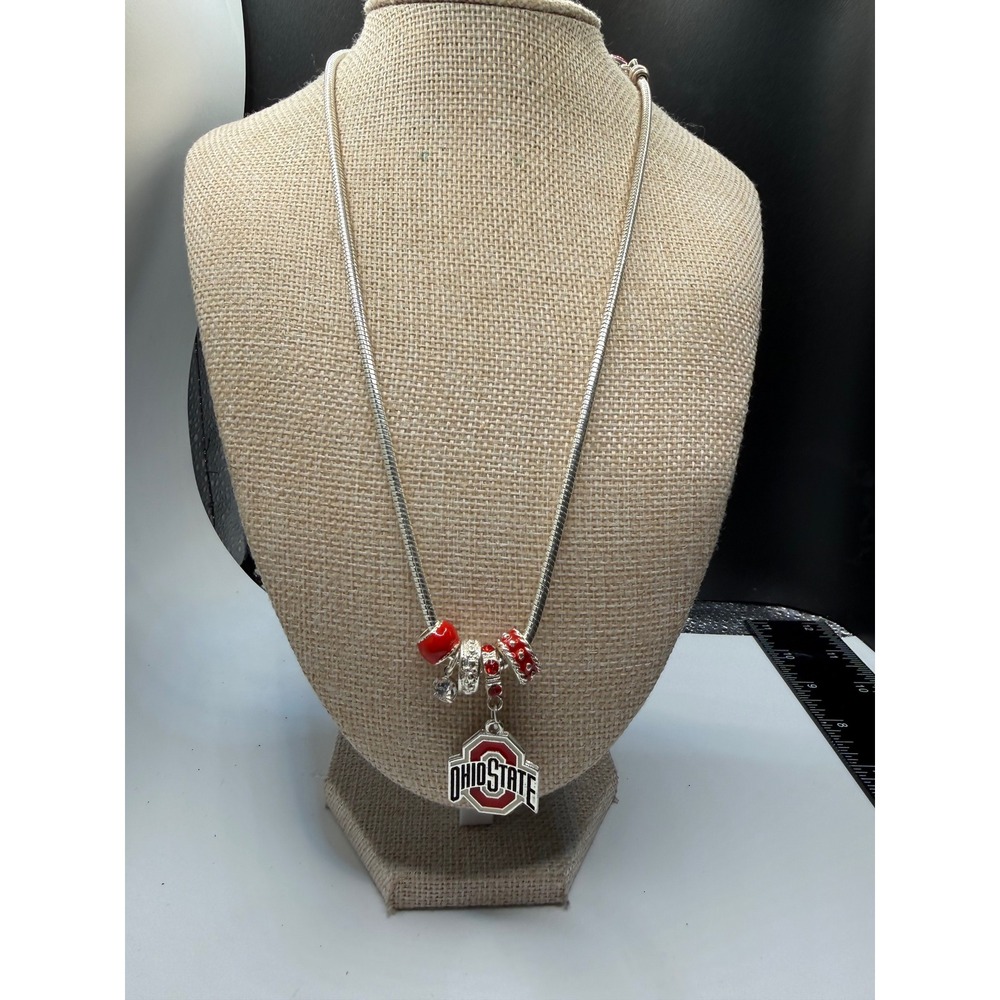 Ohio State Buckeyes Silver Tone Snake Chain Charm Necklace Red Heart Clasp - Picture 2 of 5